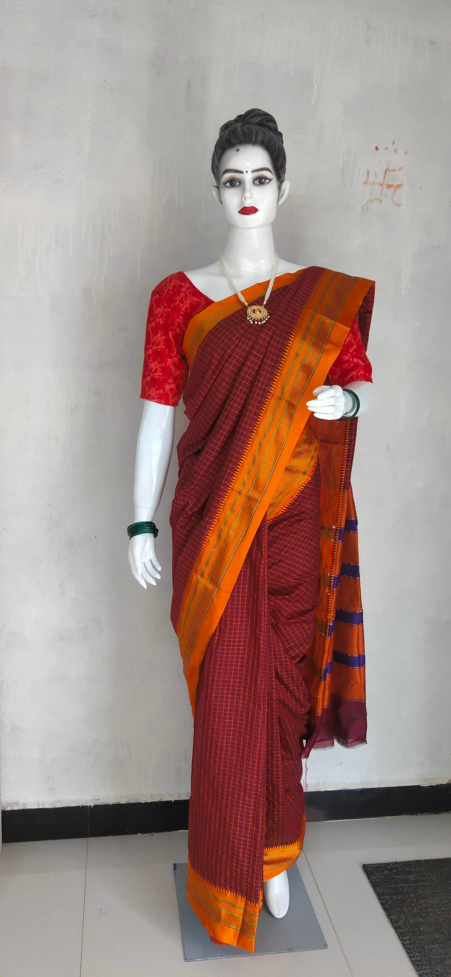 Maroon ilkal checked pattern Cottonsilk Saree With Running blouse piece (Same as Saree)