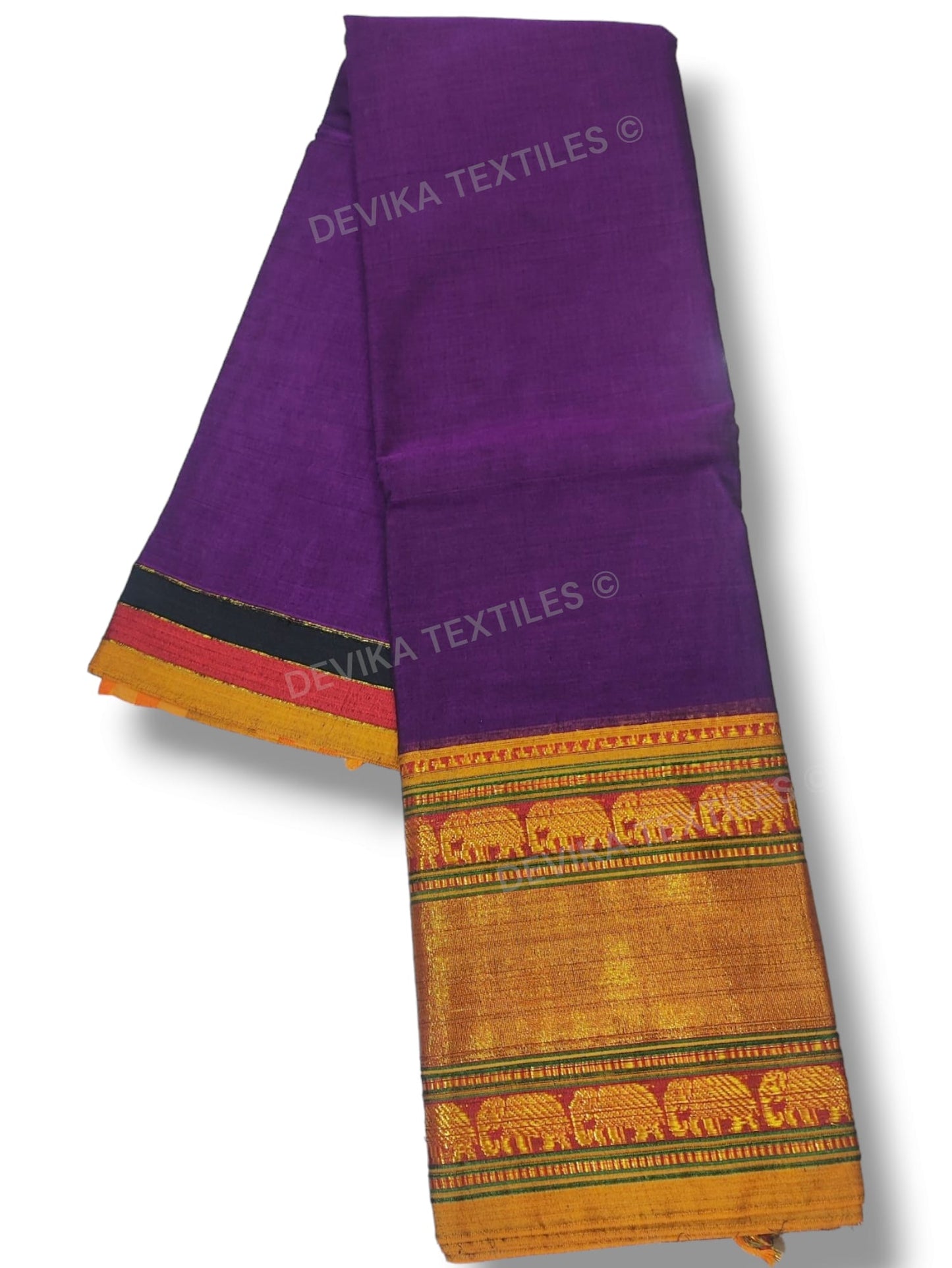 Meganta  Double Elephant Jari Border Narayanpeth handloom Cotton Saree with Running blouse piece