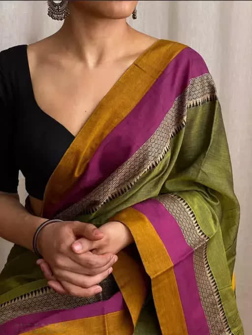 Mehandi Avani Border Narayanpet Pure Handloom Cotton Sarees with Running blouse piece