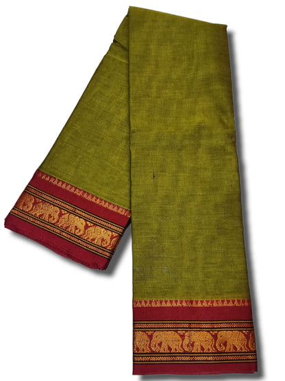 Mehandi Elephant Jari Border Narayanpet Pure Cotton saree with Running blouse (Mehandi)