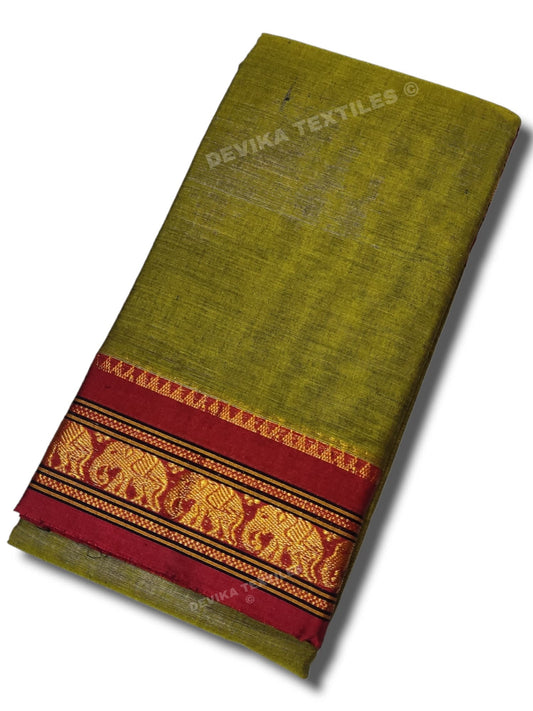 Mehandi Elephant Jari Border Narayanpet Pure Cotton saree with Running blouse (Mehandi)