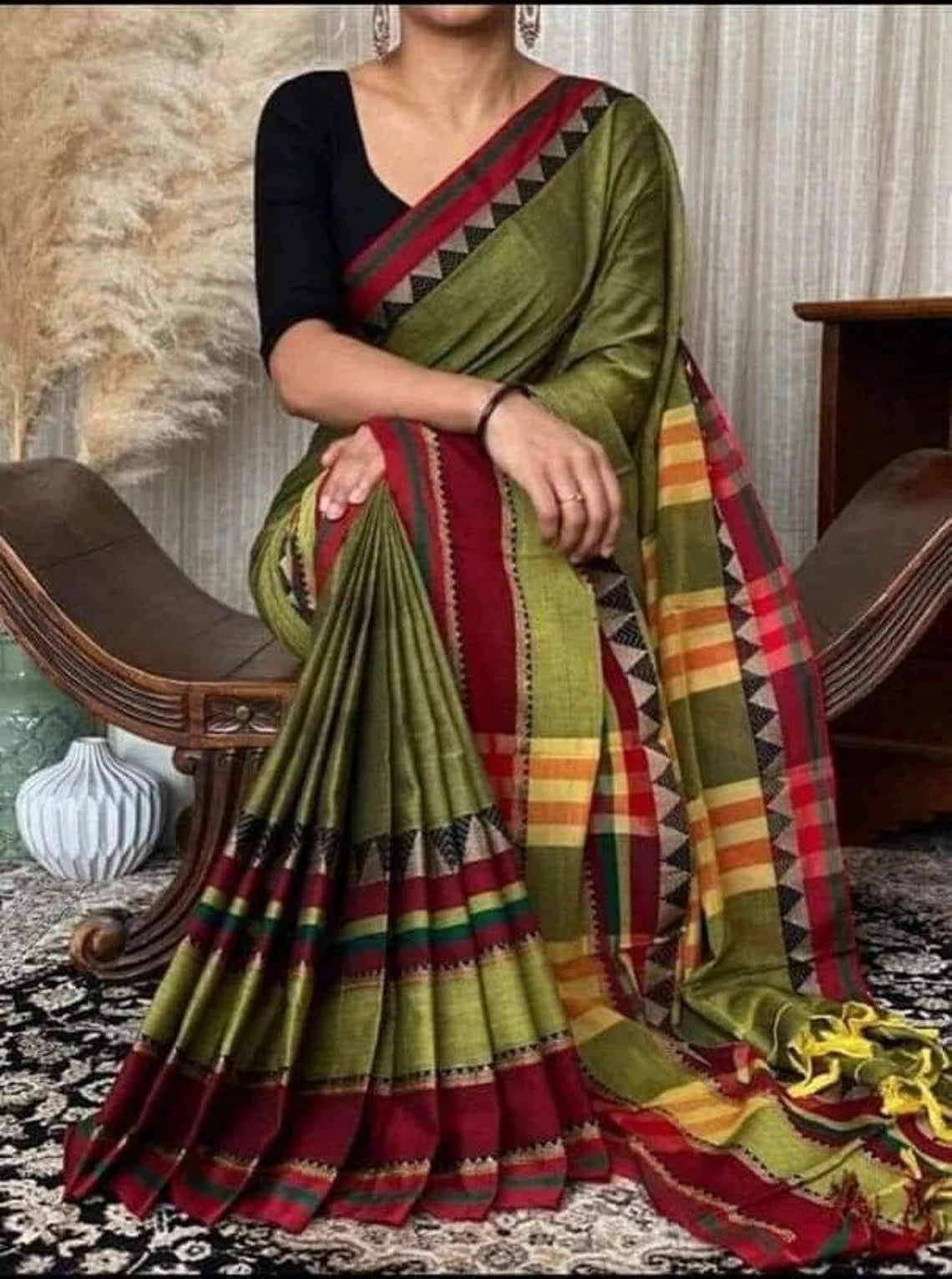 Mehandi Rangoli Border Pure Narayanpet Handloom cotton saree with Running blouse piece