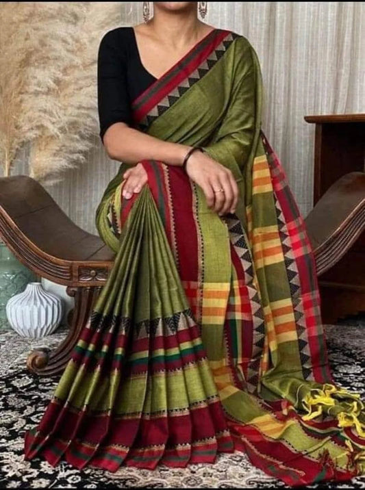 Mehandi Rangoli Border Pure Narayanpet Handloom cotton saree with Running blouse piece