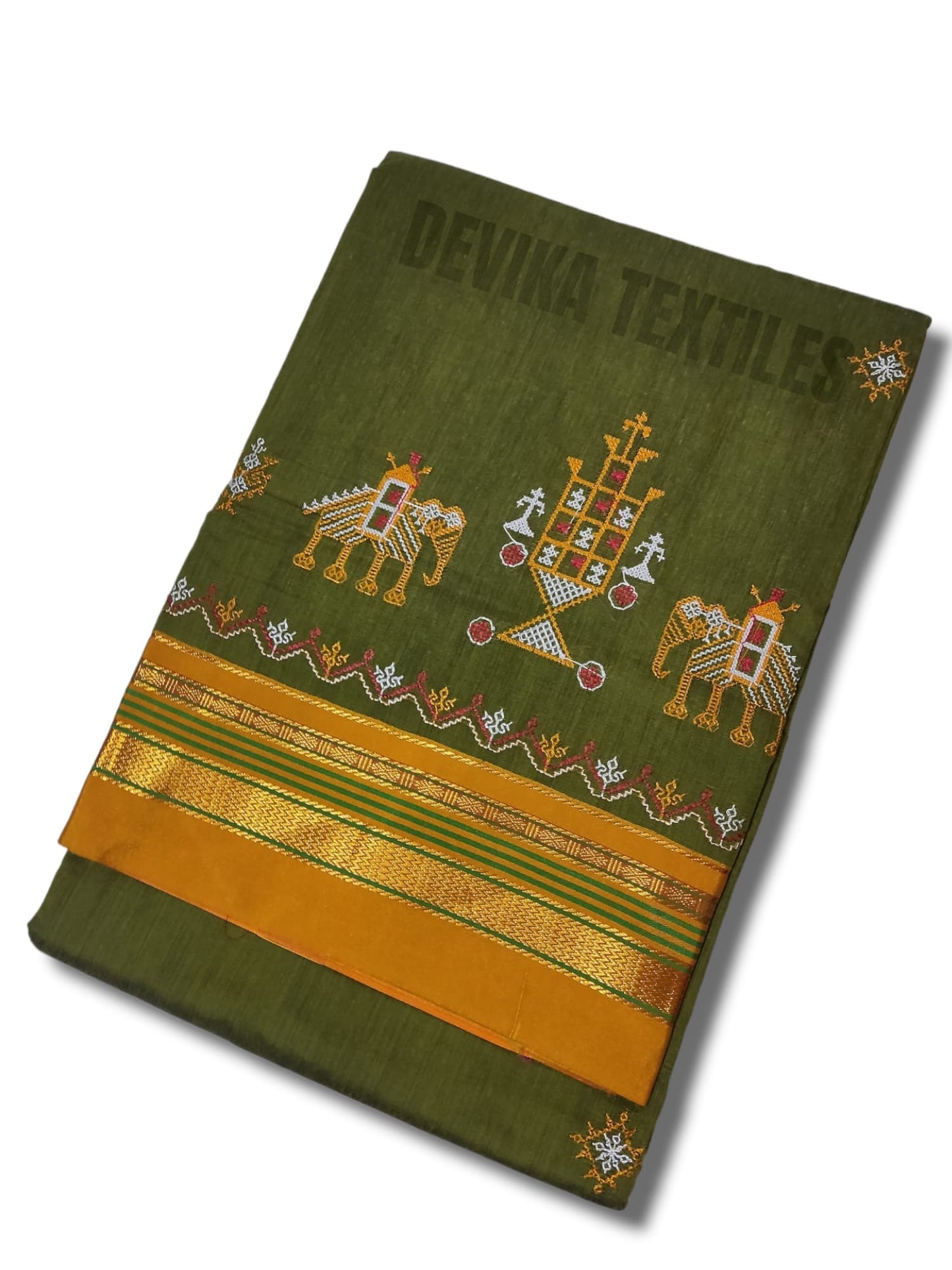 Mehandi color Cottonsilk ilkal Kasuti work saree with running blouse piece