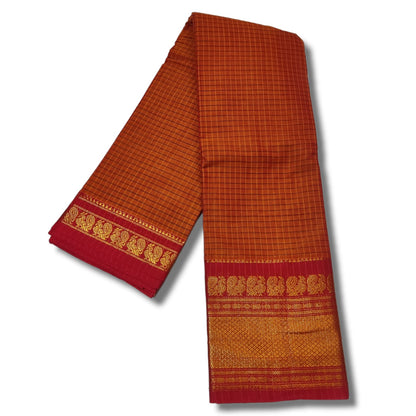 Orange Check Narayanpet Cotton saree Woven Gold Jari In Border with Running blouse piece (Check_orange) For Women