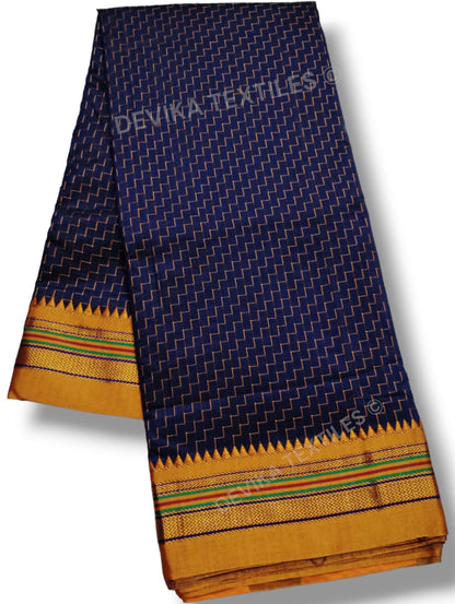 Navvy Blue Ilkal Zig Zag Pattern Cottonsilk Saree with running blouse piece