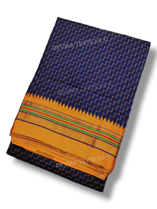 Navvy Blue Ilkal Zig Zag Pattern Cottonsilk Saree with running blouse piece