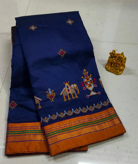 Navy Blue Kasuti Work Cottonsilk saree with Running blouse piece (Same as saree)