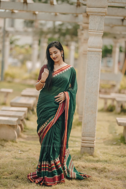 New Bottle green Rangoli Narayanapet Pure Mercerised Cotton Saree with Running blouse piece (same as saree)