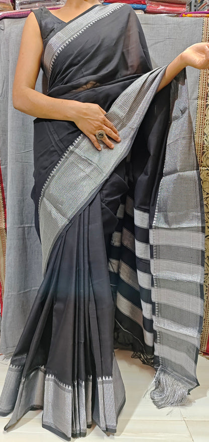 Black Sahitya Silver Jari Narayanpet Pure cotton saree