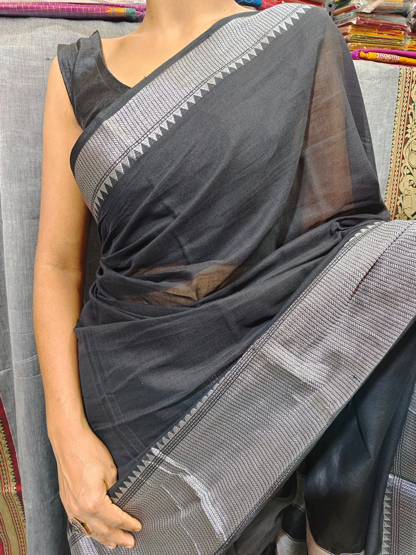 Black Sahitya Silver Jari Narayanpet Pure cotton saree