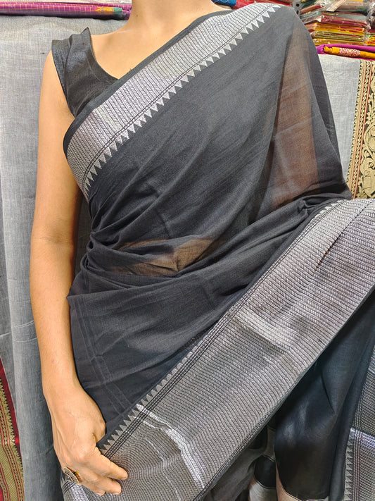 Black Sahitya Silver Jari Narayanpet Pure cotton saree