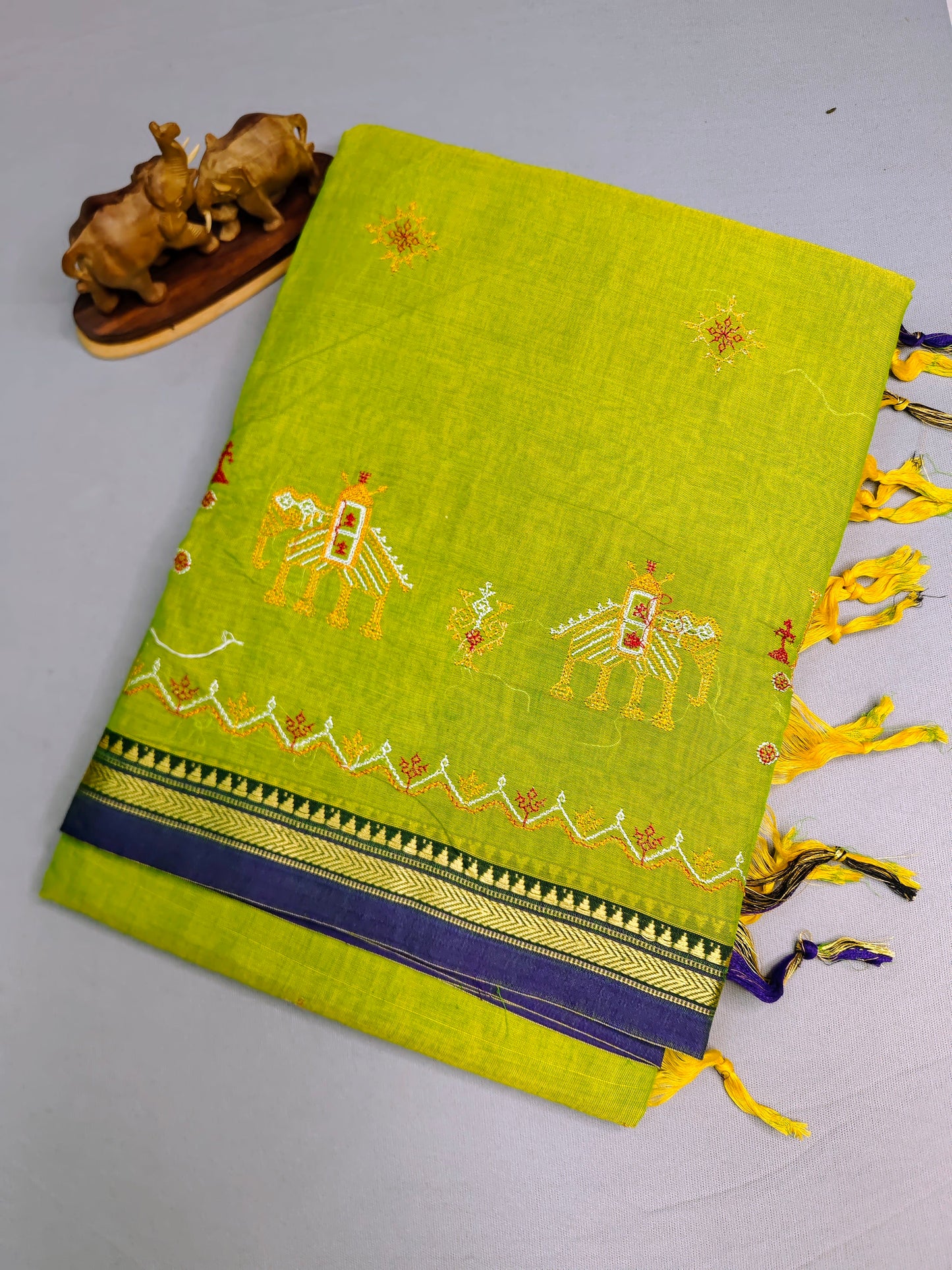 Parrot Green Kasuti Embroidered Narayanapet Pure Cotton saree
