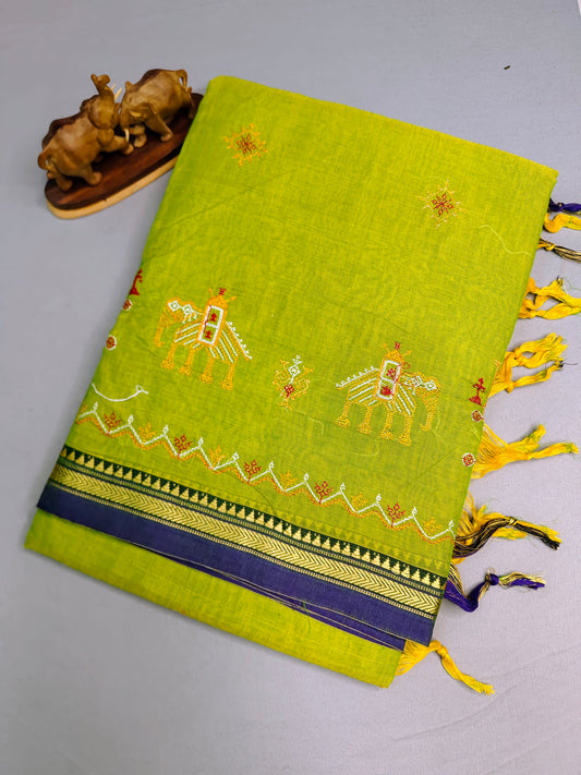 Parrot Green Kasuti Embroidered Narayanapet Pure Cotton saree
