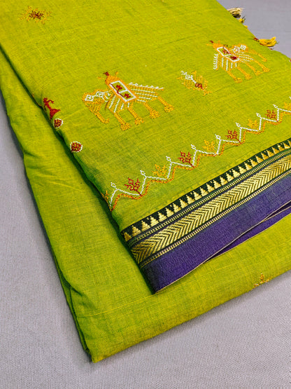 Parrot Green Kasuti Embroidered Narayanapet Pure Cotton saree
