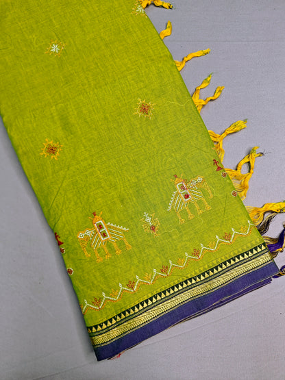 Parrot Green Kasuti Embroidered Narayanapet Pure Cotton saree