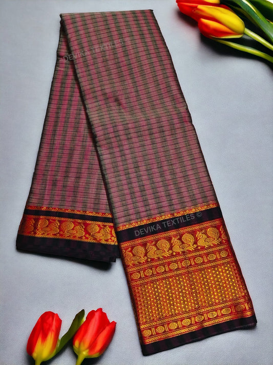 Peacock Checks Narayan peth Pure Handloom Cotton Saree with running blouse piece (Same As saree)