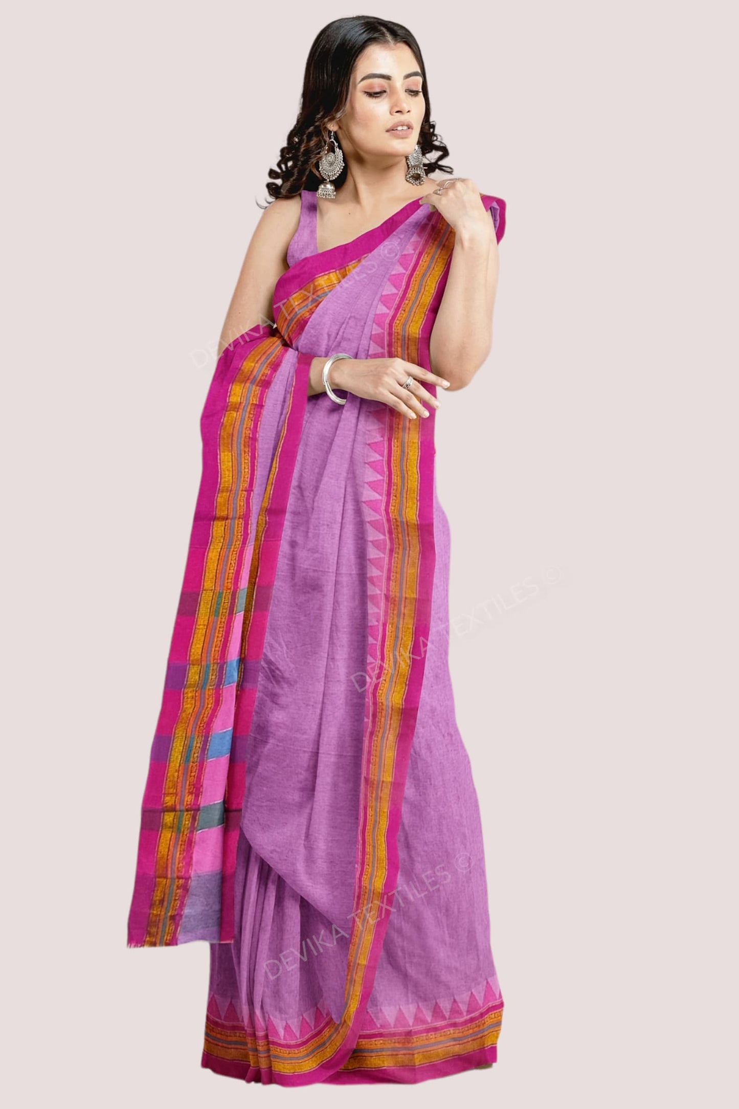 Pink Ilkal Cottonsilk M Border Saree with Running blouse piece
