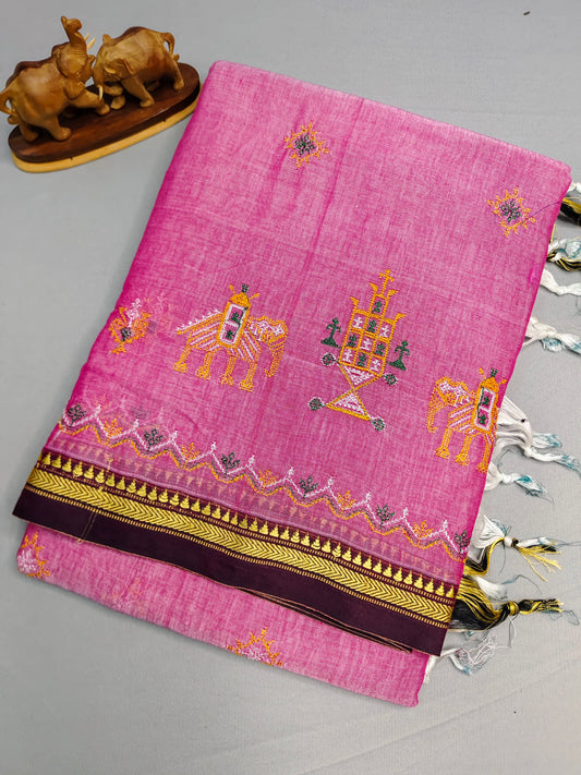Pink Kasuti Embroidered Narayanapet Pure Cotton saree