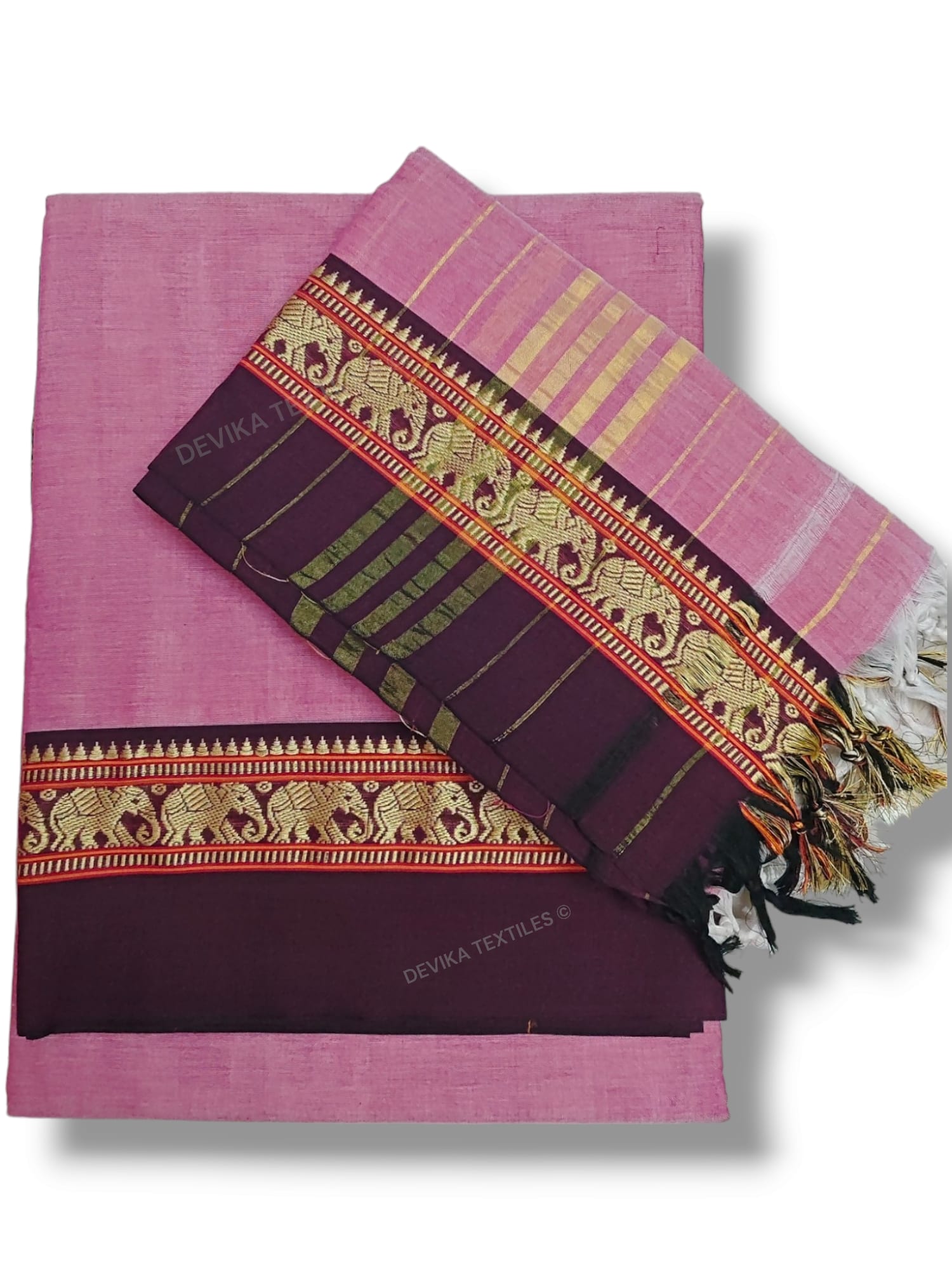 Pinkish Grey 100% Pure Narayanpeth Cotton Elephant Border Dress Material