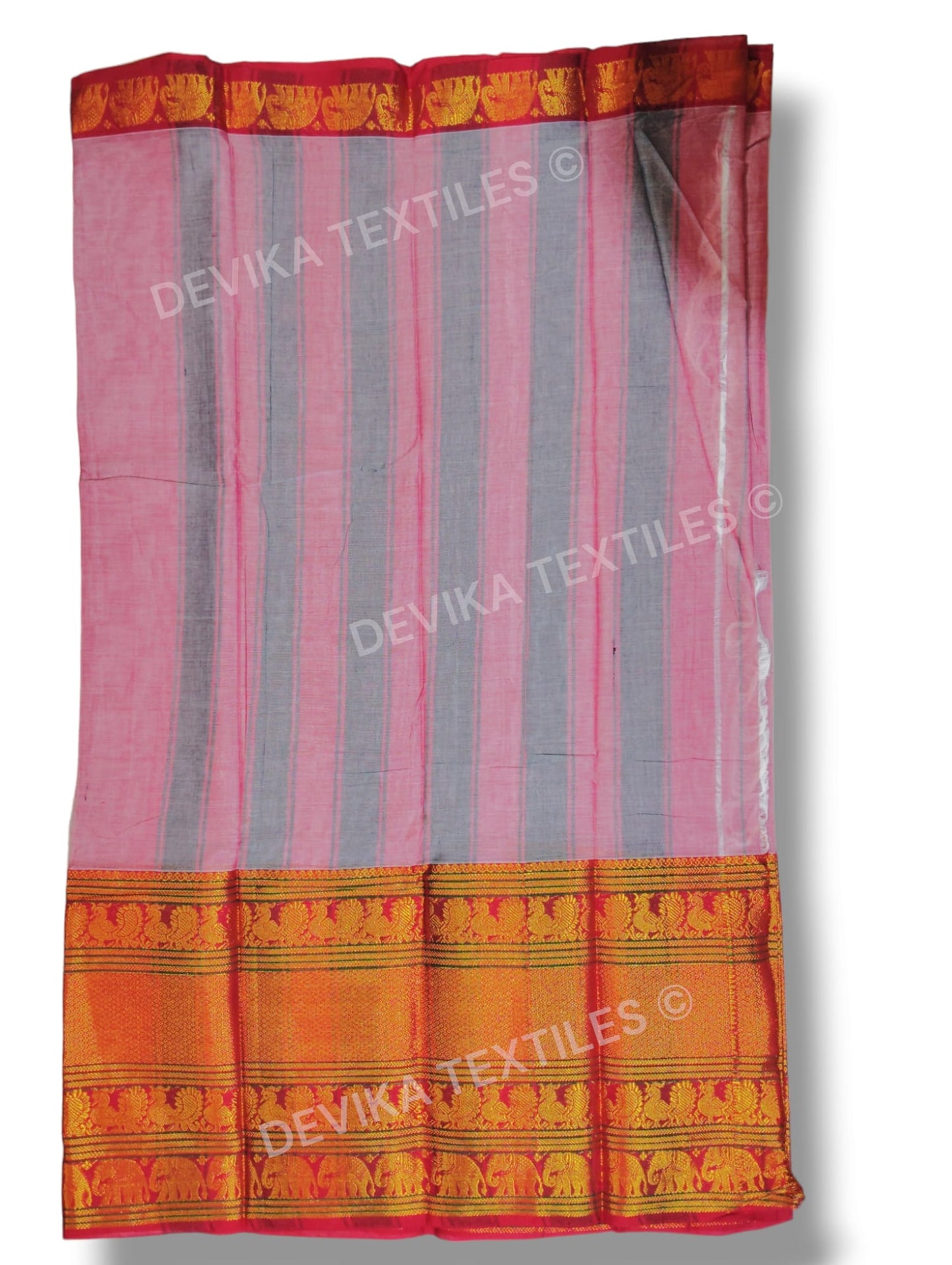 Pinkish Grey Big Elephant Border Narayanpet Pure Cotton Saree with Running blouse piece