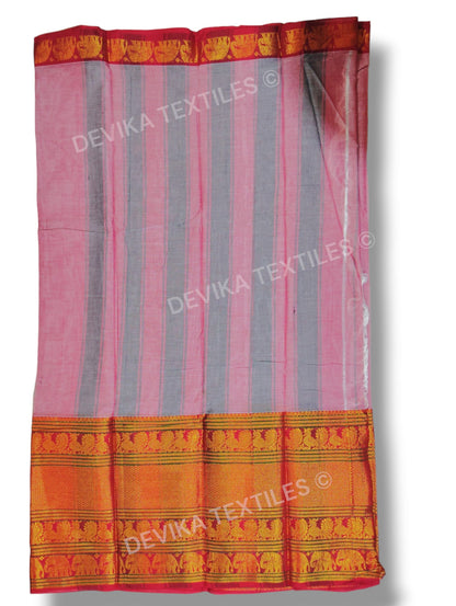 Pinkish Grey Big Elephant Border Narayanpet Pure Cotton Saree with Running blouse piece