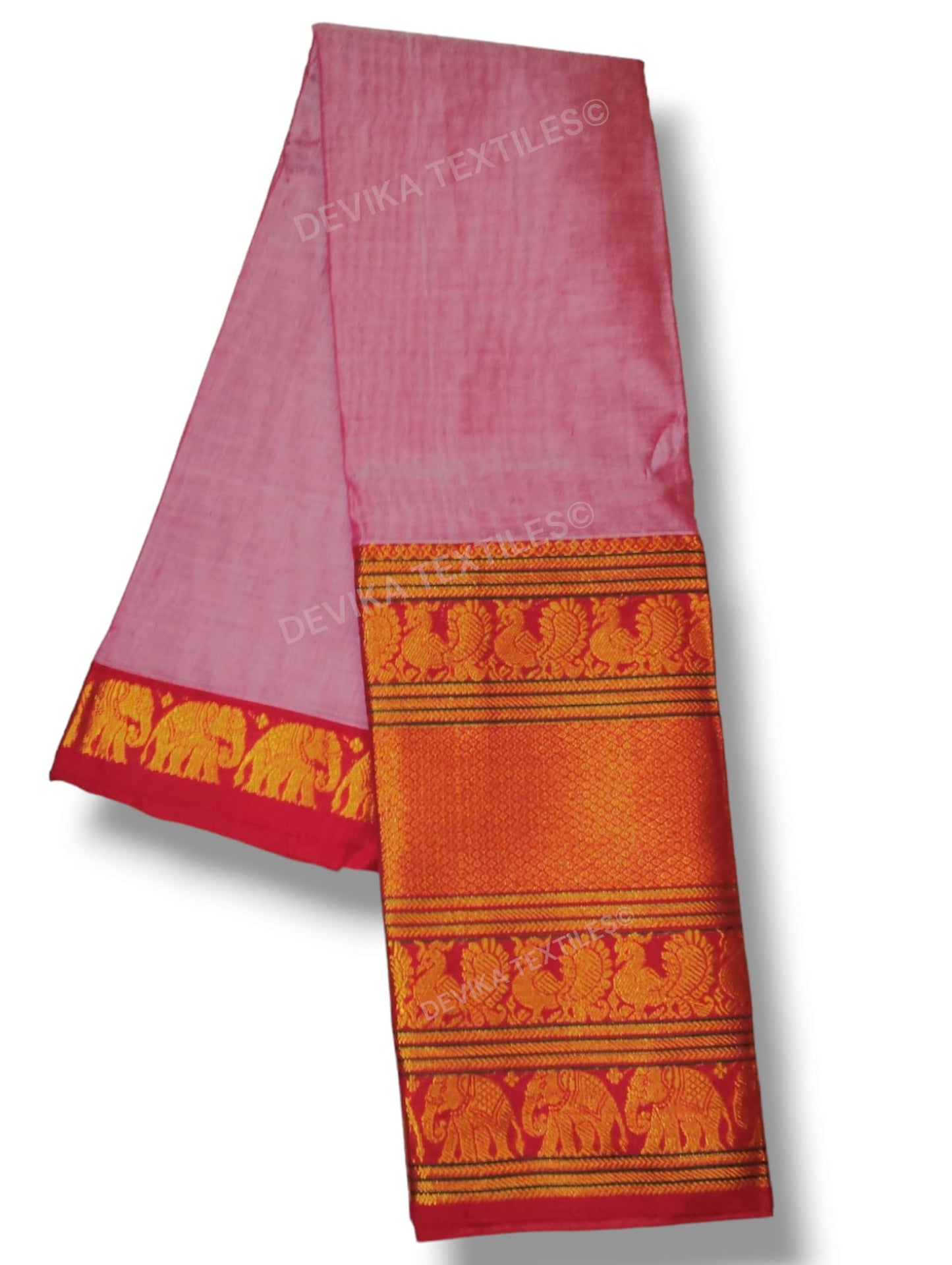 Pinkish Grey Big Elephant Border Narayanpet Pure Cotton Saree with Running blouse piece