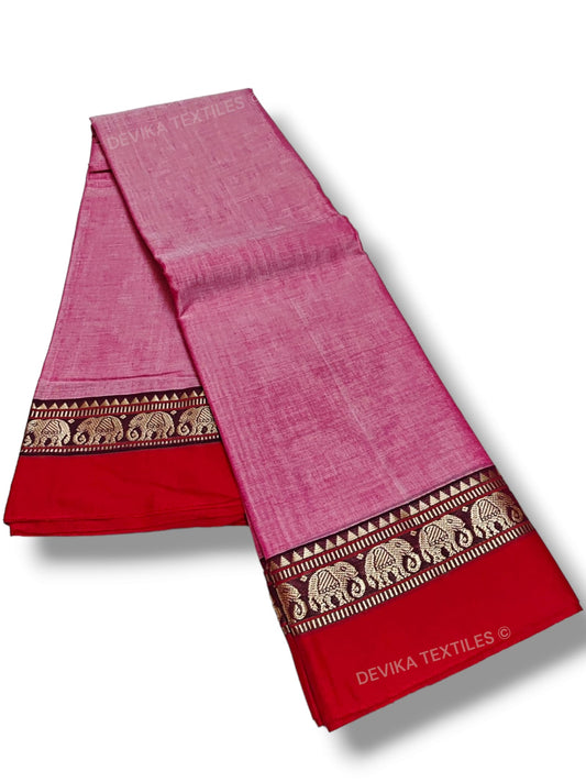 Pinkish Grey Elephant Border Narayanapet Pure Cotton saree with running blouse piece (same as saree)