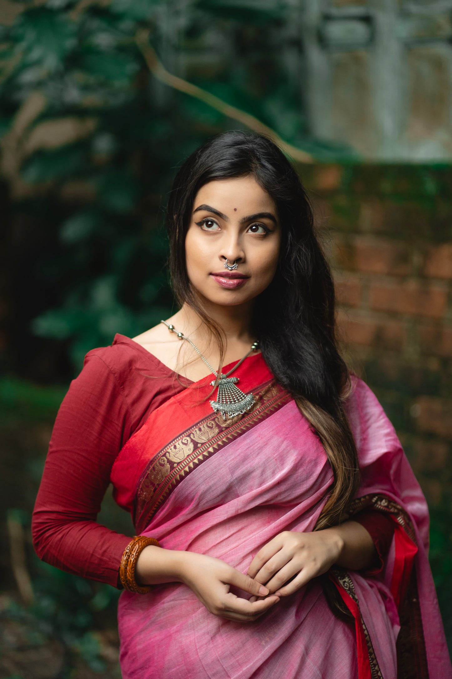 Pinkish Grey Elephant Border Narayanpeth Pure cotton saree with Running blouse piece (Same as saree)