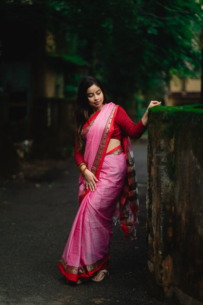 Pinkish Grey Elephant Border Narayanpeth Pure cotton saree with Running blouse piece (Same as saree)