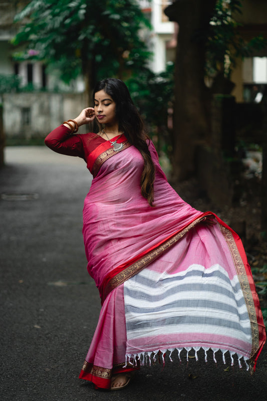 Pinkish Grey Elephant Border Narayanpeth Pure cotton saree with Running blouse piece (Same as saree)