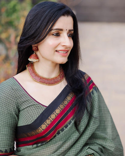 Pista Green Checkerd pattern Narayanapet Pure Cotton saree