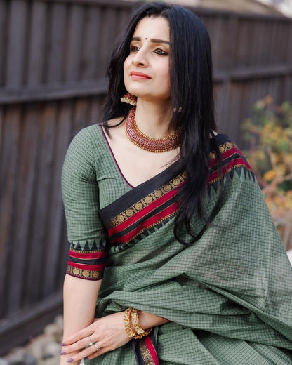 Pista Green Checkerd pattern Narayanapet Pure Cotton saree