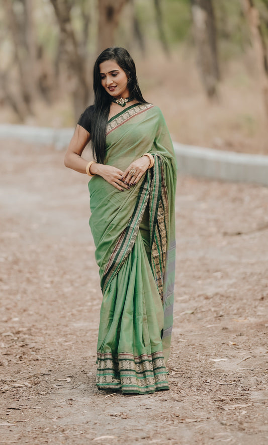 Pista Shravvya Narayanpeth Pure Mercerised Cotton Saree With Running Blouse PIece (Same As Saree)