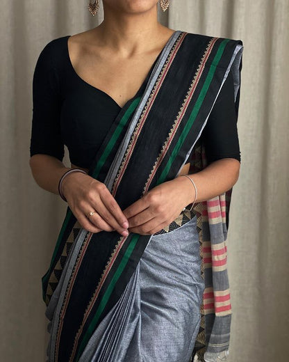 Pure Grey Rangoli Border Narayanpet Pure Handloom Cotton Sarees with Running blouse piece