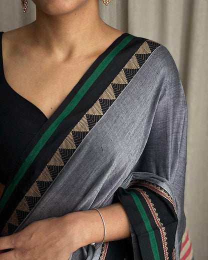 Pure Grey Rangoli Border Narayanpet Pure Handloom Cotton Sarees with Running blouse piece