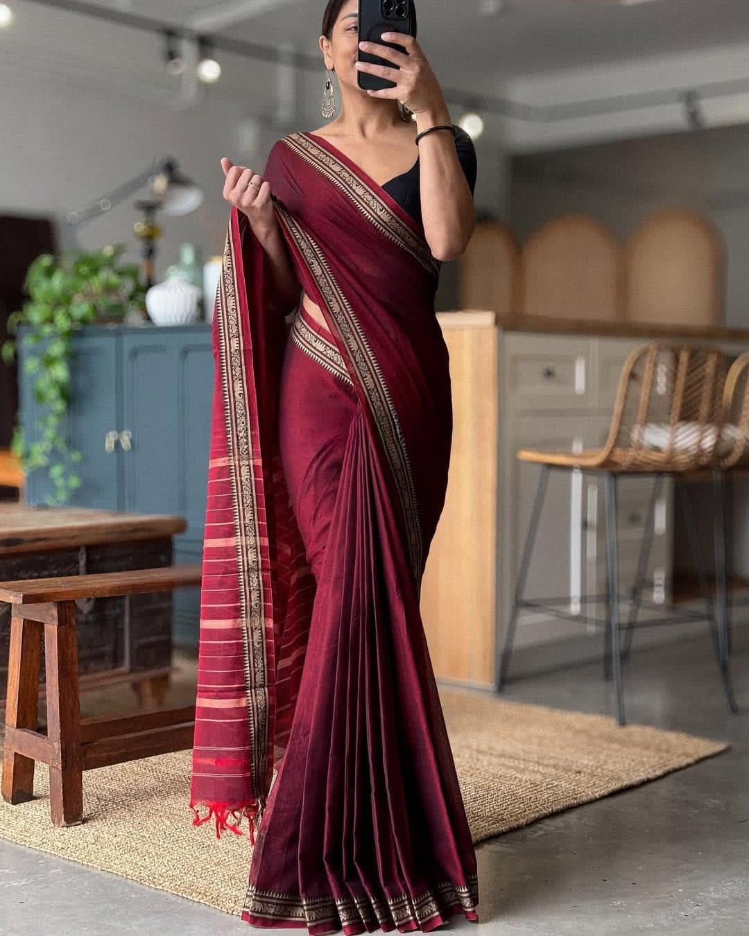 RAGINI maroon Narayanpet Pure Mercerised Cotton Saree