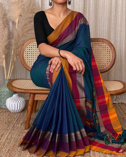 Rama Color Avani Border Narayanpet Pure Handloom Cotton Sarees with Running blouse piece