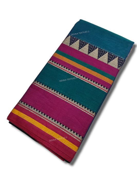 Rama Color Rangoli Border Narayanpet Pure Handloom Cotton Sarees with Running blouse piece