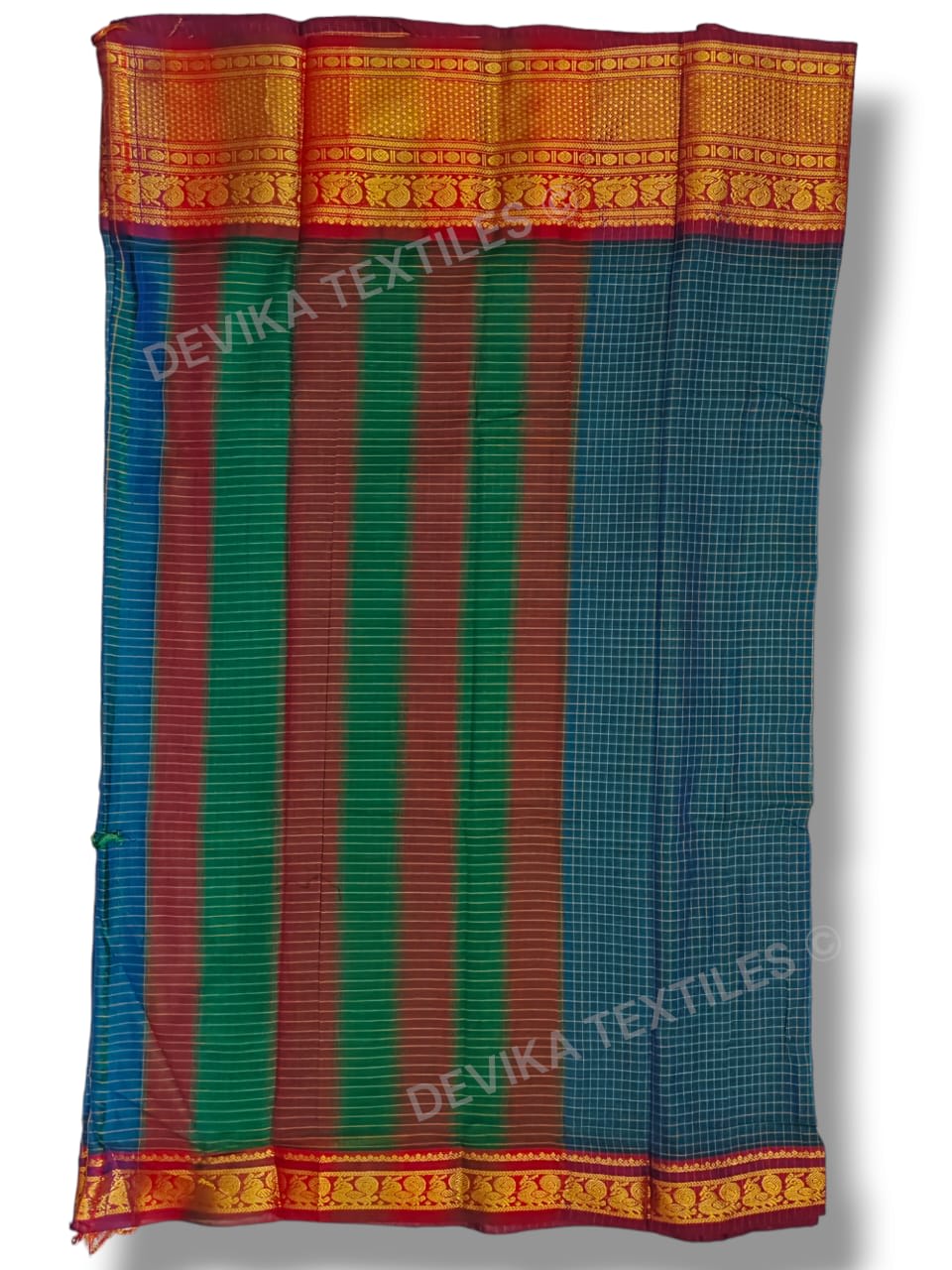 Rama Narayanpeth Peacock Checks Border Mercerised Coton Saree With Running Blouse Piece