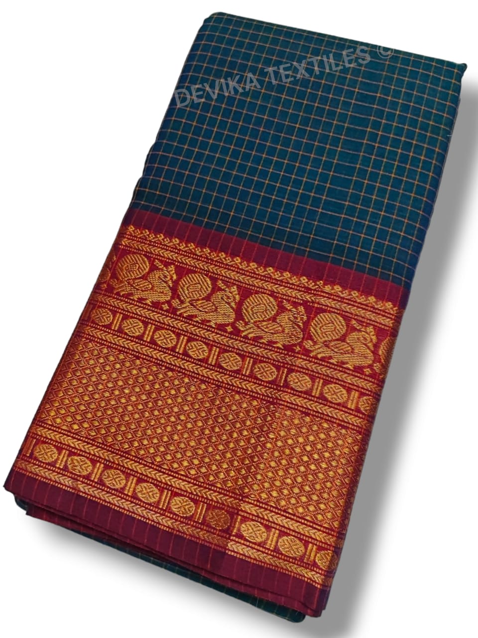 Rama Narayanpeth Peacock Checks Border Mercerised Coton Saree With Running Blouse Piece