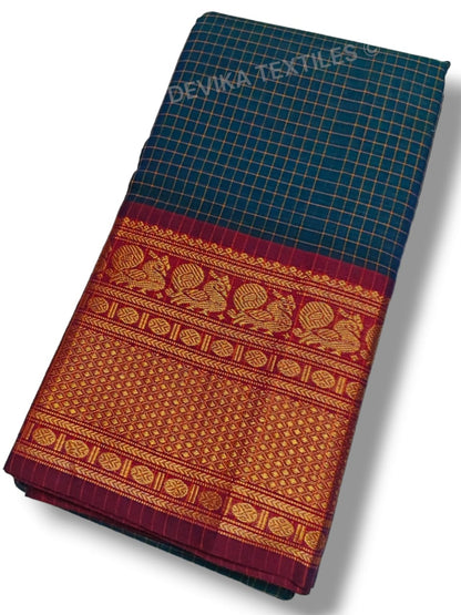 Rama Narayanpeth Peacock Checks Border Mercerised Coton Saree With Running Blouse Piece