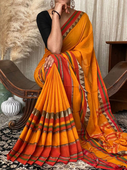 Rangoli Border Narayanpet Pure Handloom Cotton Sarees with Running blouse piece