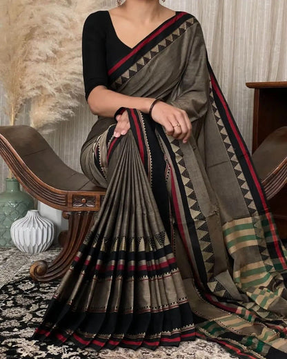 Rangoli Charcoal Grey Narayanpet Pure Cotton saree with Running blouse piece