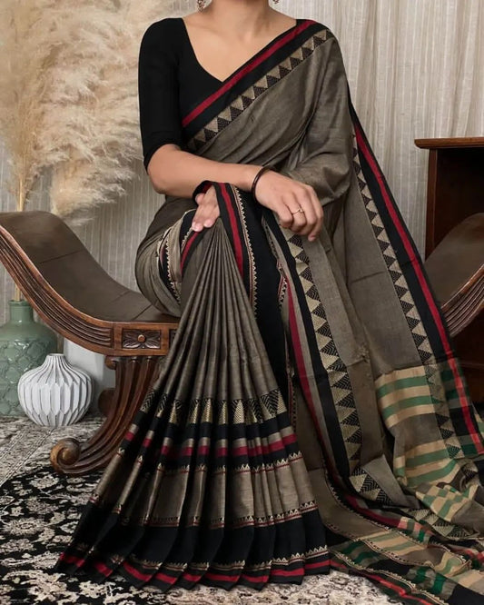 Rangoli Charcoal Grey Narayanpet Pure Cotton saree with Running blouse piece
