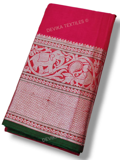 Rani Big Silver Jari border Narayanpet pure handloom Cotton saree with running blouse piece