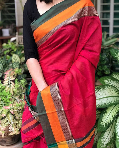 Red Avani Narayanapet Pure Cotton saree with running blouse piece (same as saree)