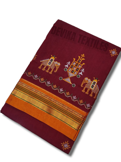 Red Cottonsilk ilkal Kasuti work saree with running blouse piece