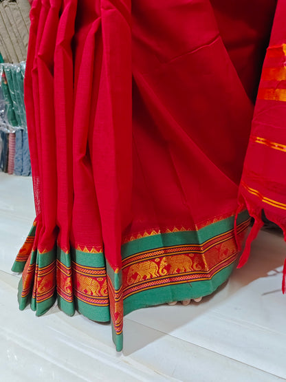 Red Elephant Jari Border Narayanpet Pure cotton saree
