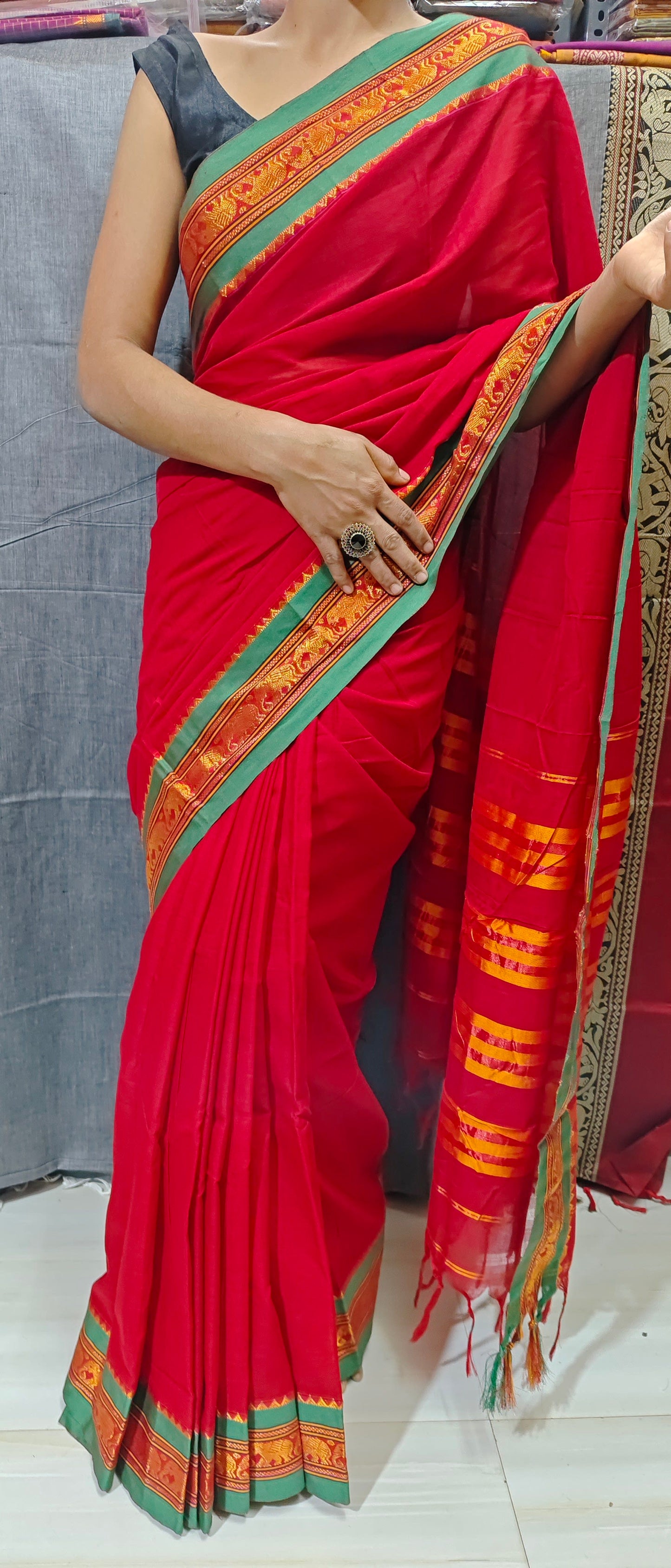 Red Elephant Jari Border Narayanpet Pure cotton saree